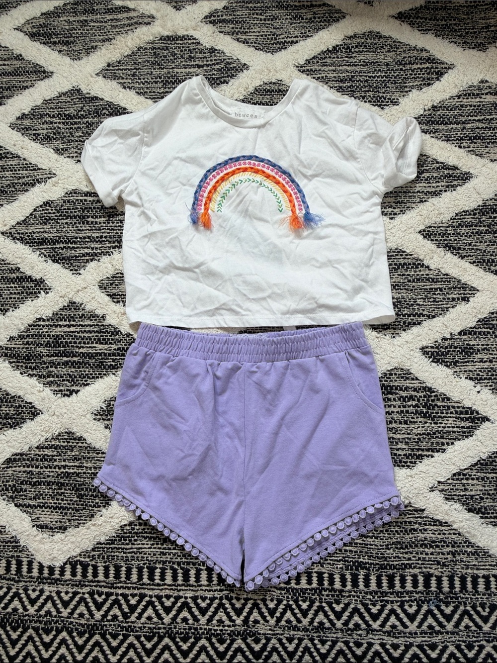 Btween White Rainbow Embroidered Crop Top with Lavender Pom Trim Shorts size 8